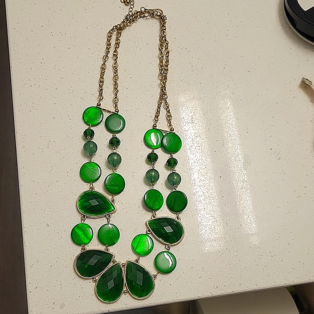 Charming Charlie Emerald Green and Gold Statement Necklace